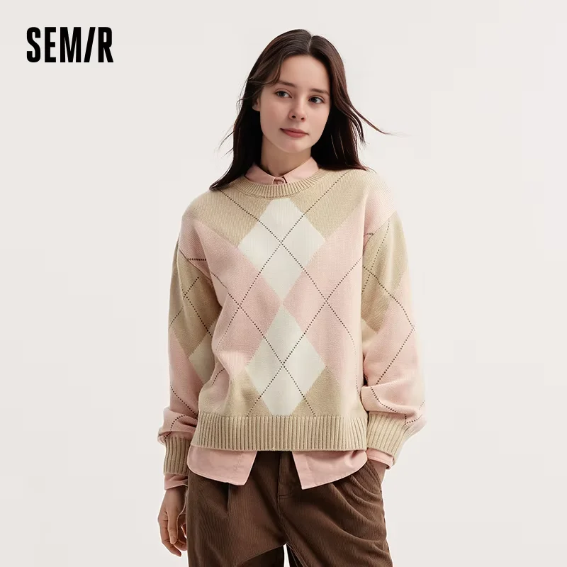 

Semir Sweater Women Diamond Color Block 2025 Winter New Drop Shoulder Loose Knitwear