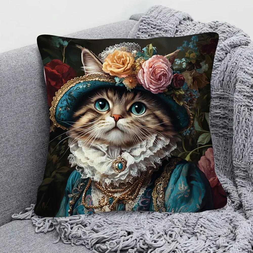 2D Flat Vintage Royal Cat Throw Pillow Cover Victorian Floral Lady Cat Decorative Pillowcase For Sofa Bedroom Living Room