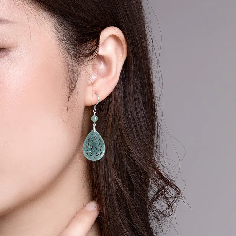 Natural A-grade Jade Vintage Hollow Cut Flower Earrings with Bean Seed S925 Silver Inlaid Jade Ethnic Women's Earrings Jewelry