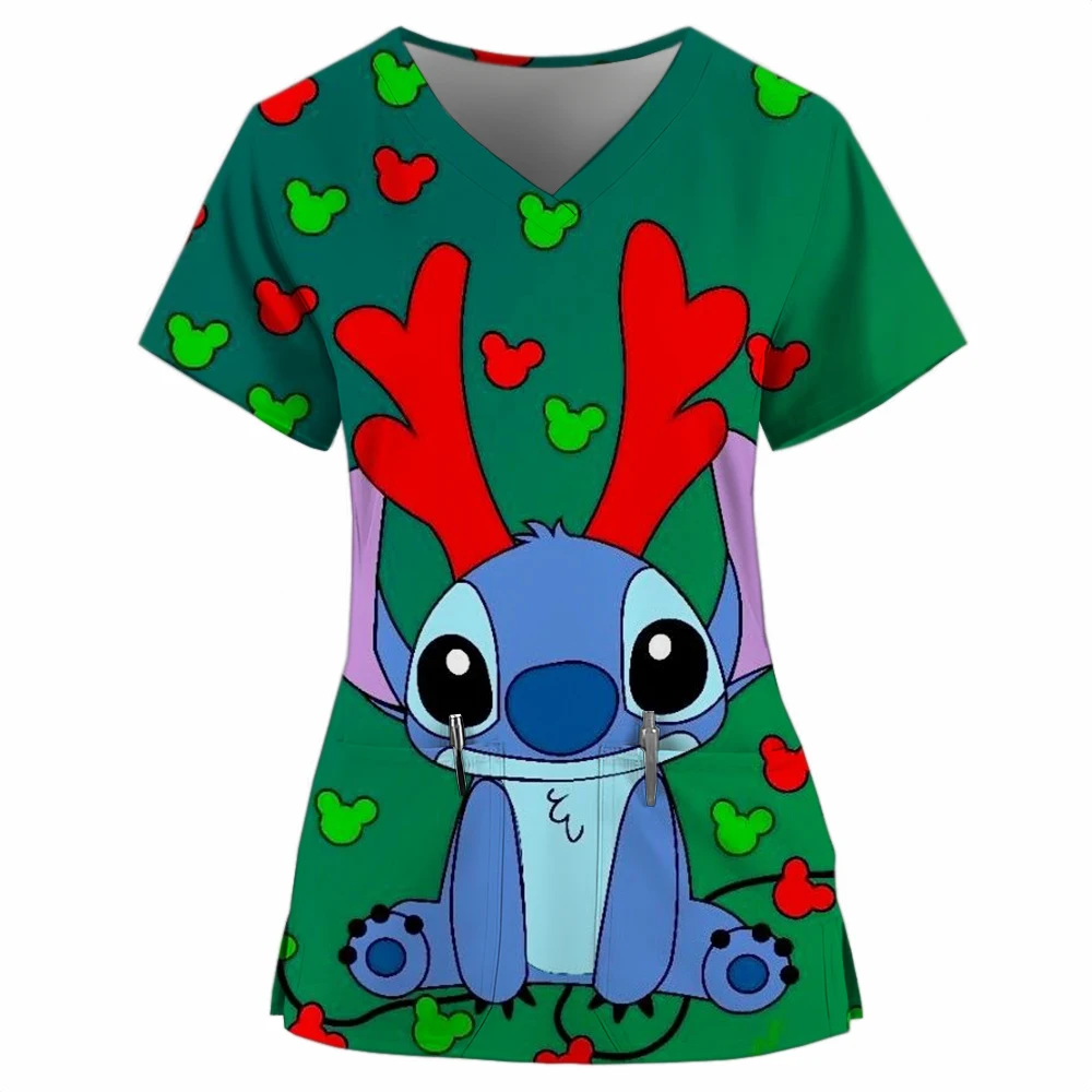 2024 Christmas Disney's Lilo&Stitch Printed Matte Top Female Dentist Work Clothes Nurse Matte Clothes Medical Staff