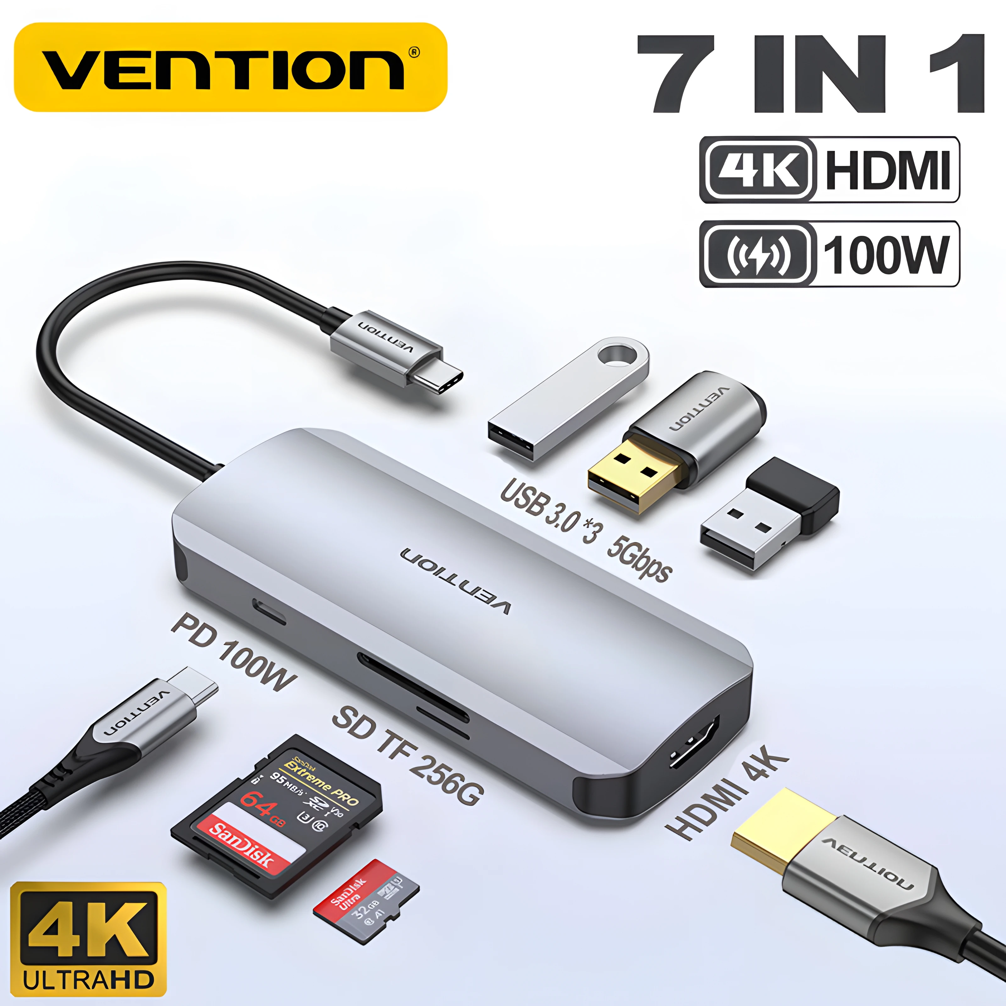 

Vention 7 in 1 USB C 3.0 4K HDMI HUB Type C to HDMI Adapter PD 100W SD&TF Multiport USB 3.1 Gen2 USB Splitter Docking Station