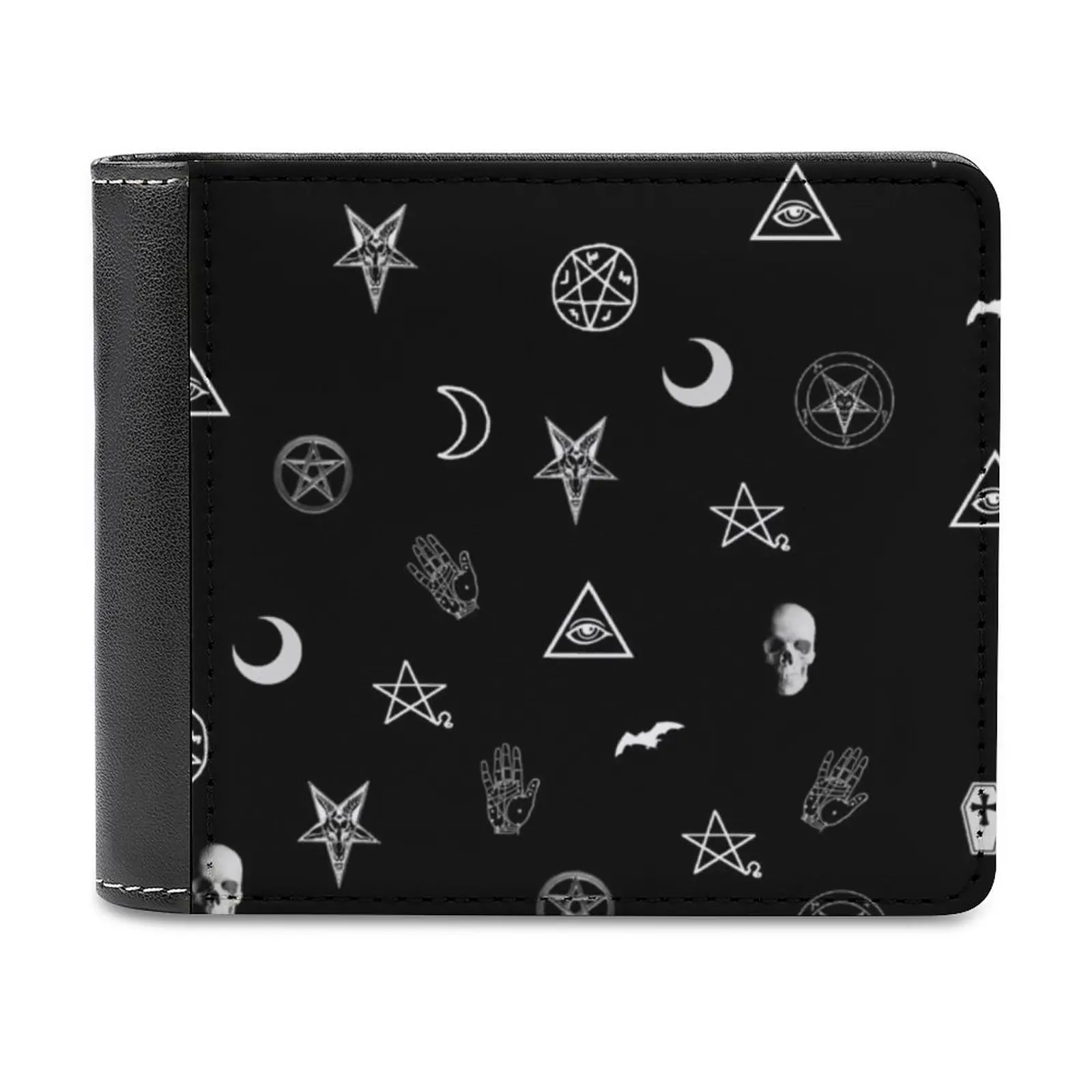 Goth Pattern Leather Wallet Men's Wallet Purse Money Clips Goth Gothic Witch Pattern Witches Wicca Pagan Baphomet Raven