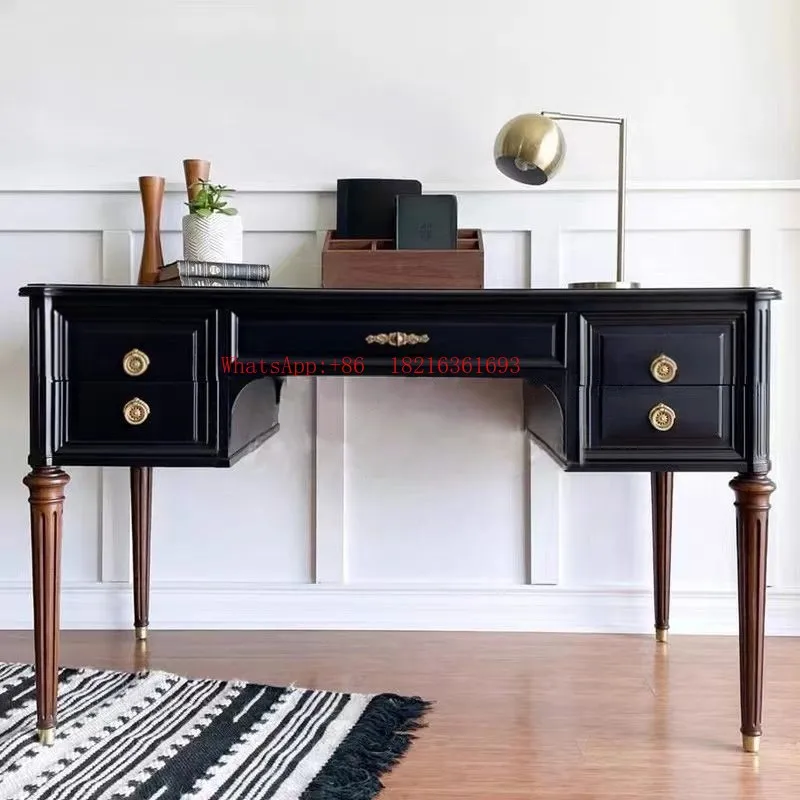French Retro Solid Wood Computer Desk Home Black Rectangular Integrated Table