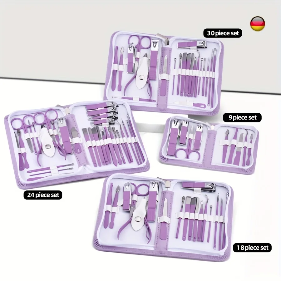 9/18/24/30 PCS Stainless Steel Manicure Set in Dazzling Purple & Blue - Modern Style Nail Clippers with Convex Blade, Non-Scente