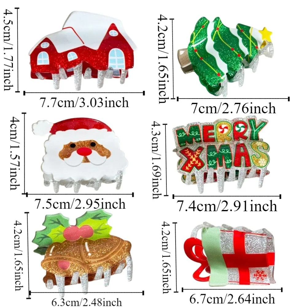 Gift Acrylic Santa Claus Shark Clip Glitter Snowhouse Christmas Tree Hair Claw Bell Merry Christmas Cartoon Hair Grab Clip Women