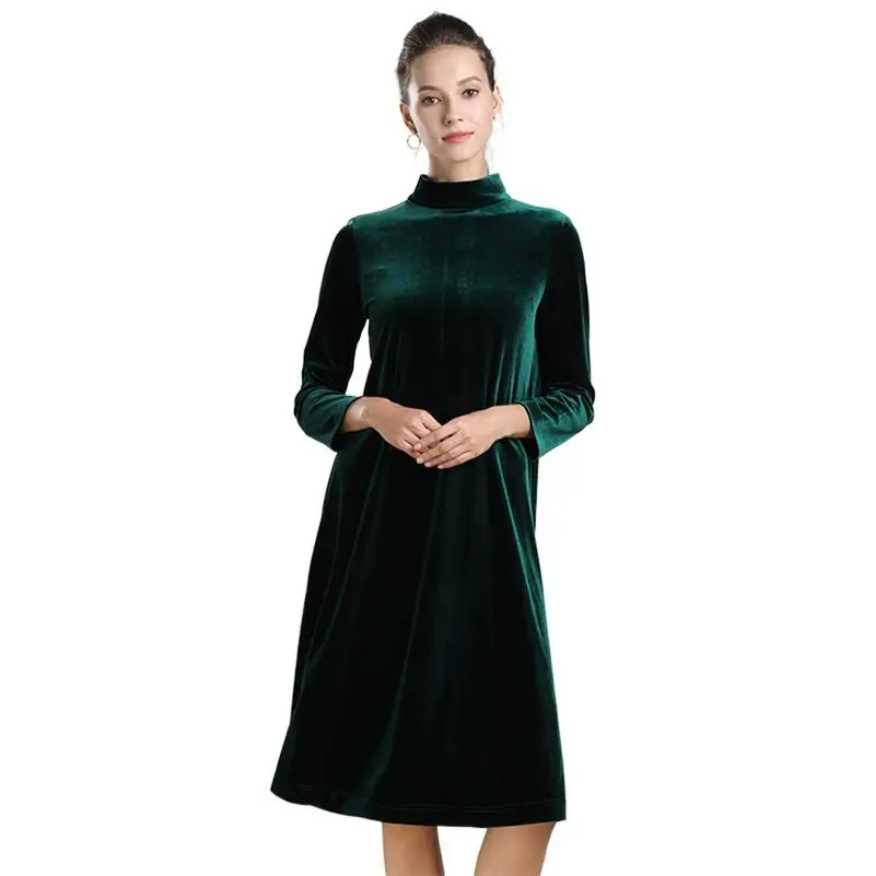 Women Fashion Half Turtleneck Velvet Dress Knee Length Long Sleeve Solid Party Dress Female Autumn Vestido faldas largas