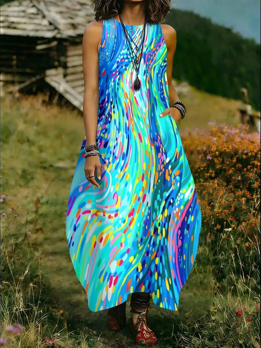 

Womens Sleeveless Tulip Hem Maxi Dress Colorful Abstract Wave Dots Flowy Casual Long Dress