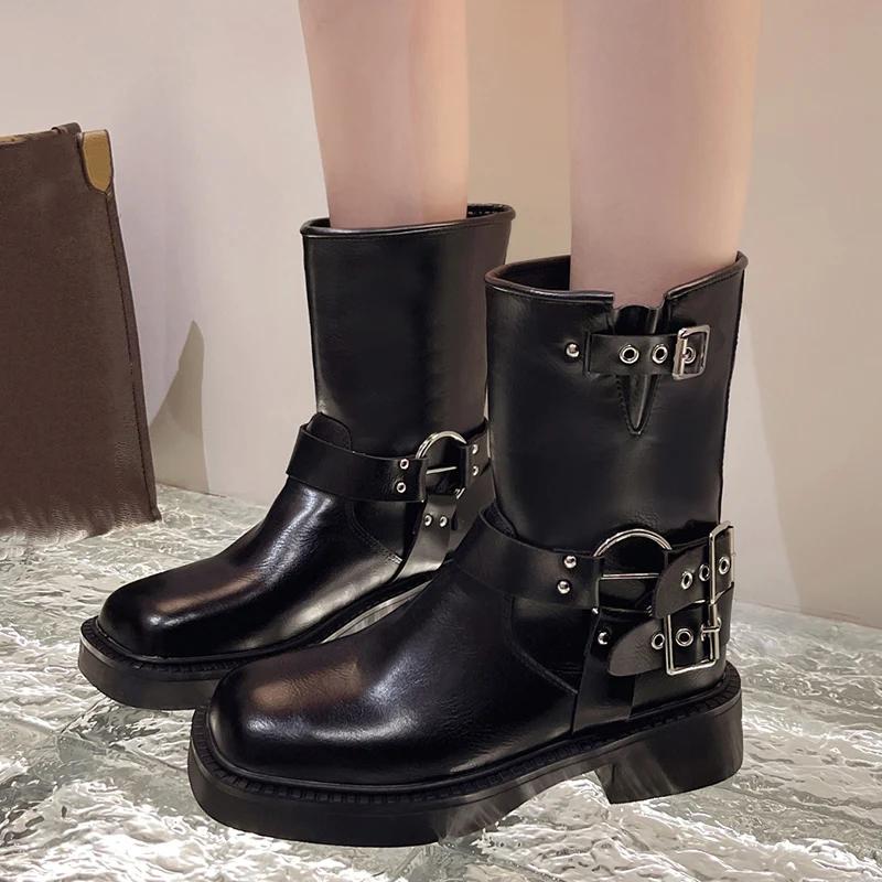 Punk Style Buckle Strap Mid-Calf Boots Women Black PU Leather Platform Western Boots Woman Big Size Square Toe Thick Heels Boots