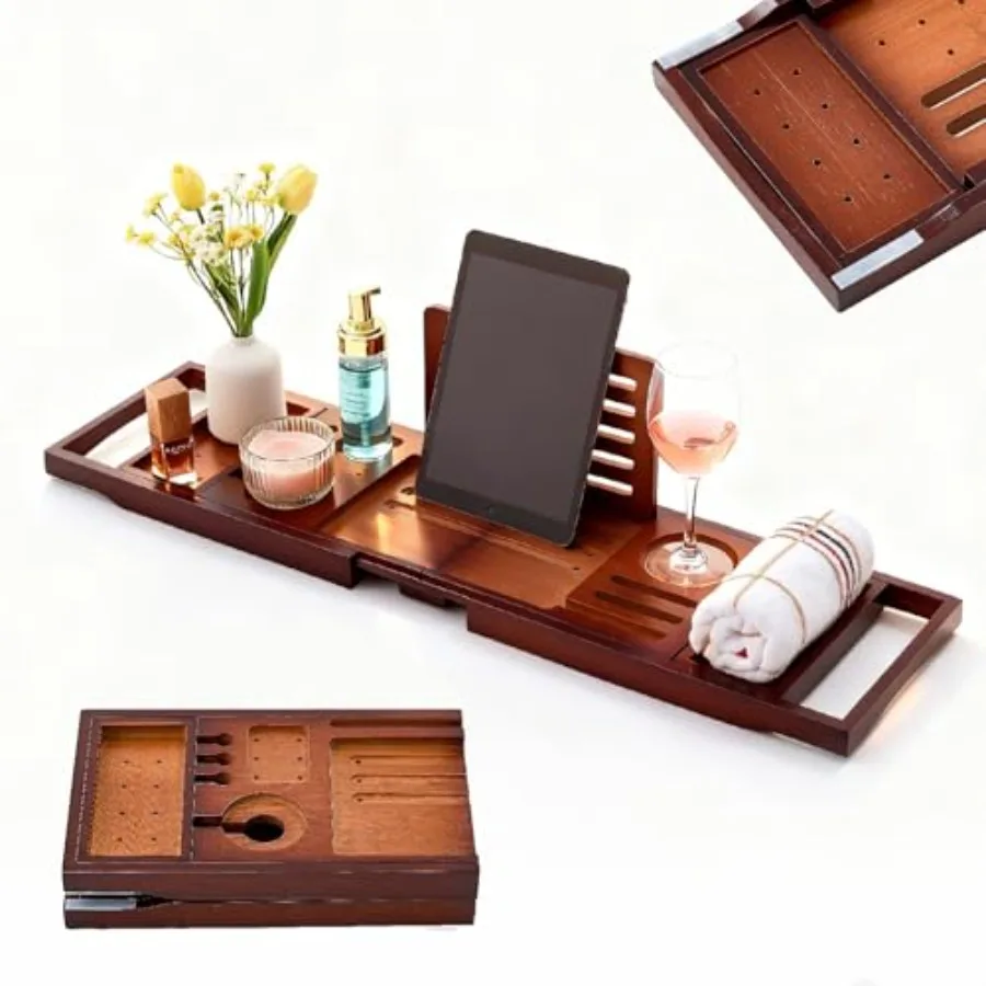 

Premium Foldable Bamboo Bathtub Tray Caddy, Expandable Bath Caddy Tray with Holder, Bath Shelf Over Tub, Spa Bathroom Accessori