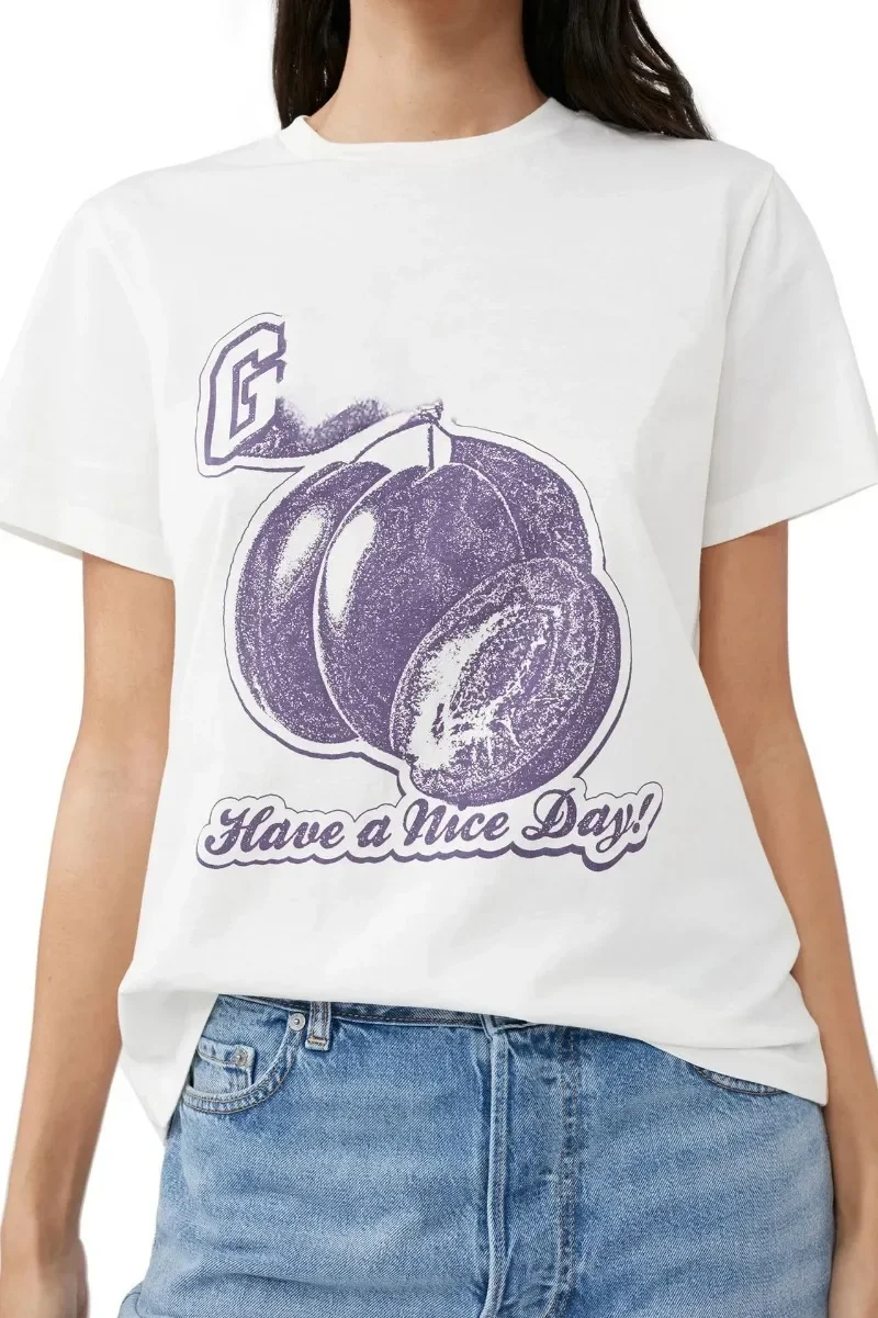 Camiseta de morango estilo casual feminino, camiseta moda verão, estampada com frutas, gola em O, manga curta, simples, relaxada em cinza