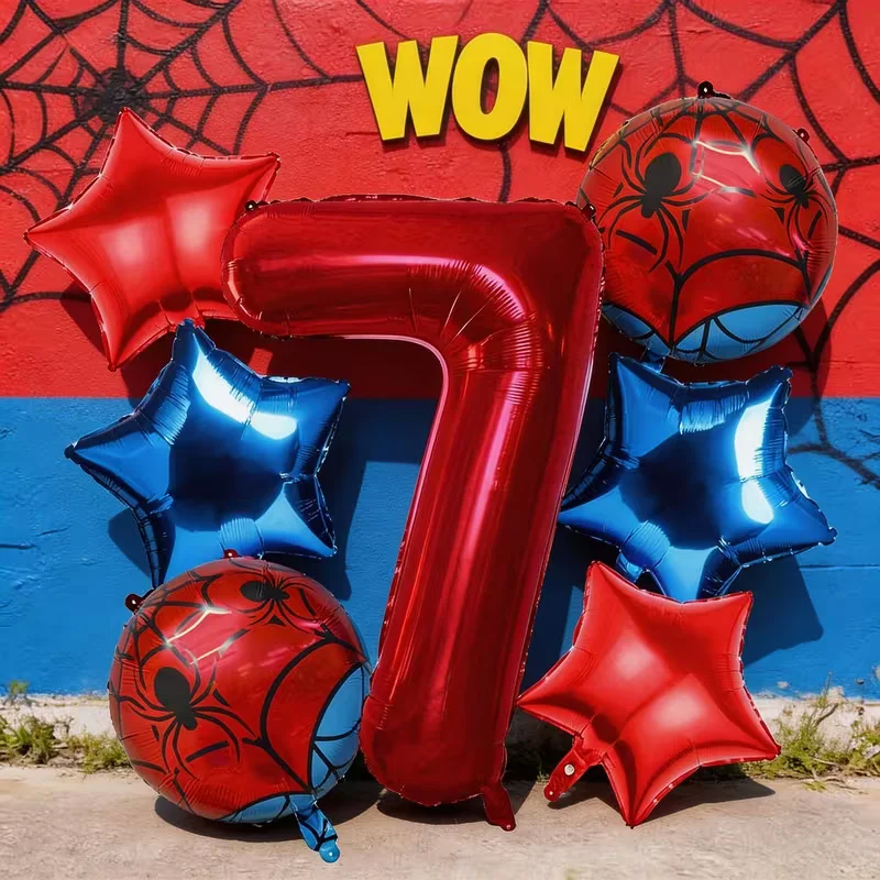 7-teiliges Rot-Blaues Spinnen-Folienballon-Set 40 Zoll Rote Zahlen Stern Spinnenballon Jungen Geburtstagsparty Valentinstag Dekorationen