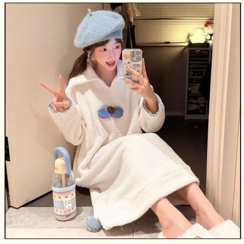 

M-2XL Half Fleece Pajamas Dress Korean Women Winter Thickened Sleepwear Long-sleeved Mid Nightgown Students Warm Loungewear