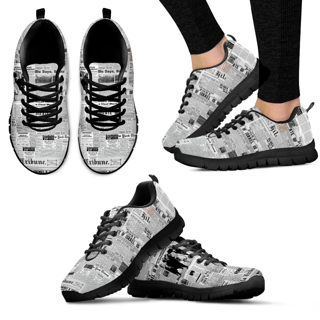 INSTANTARTS Vintage Newspaper Printing Lace up Casual Sneaker for Women Fashion Light Walk Flat Shoe Breathable Mesh Footwear