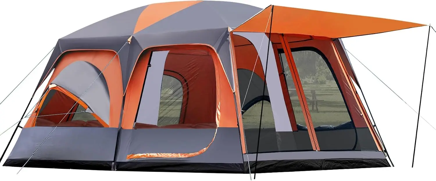 Large Waterproof Cabin Tent 8 To 10 To 12 Person Camping Two Room Family Zippered Divider Porch Rainfly Three Mesh Doors Windows