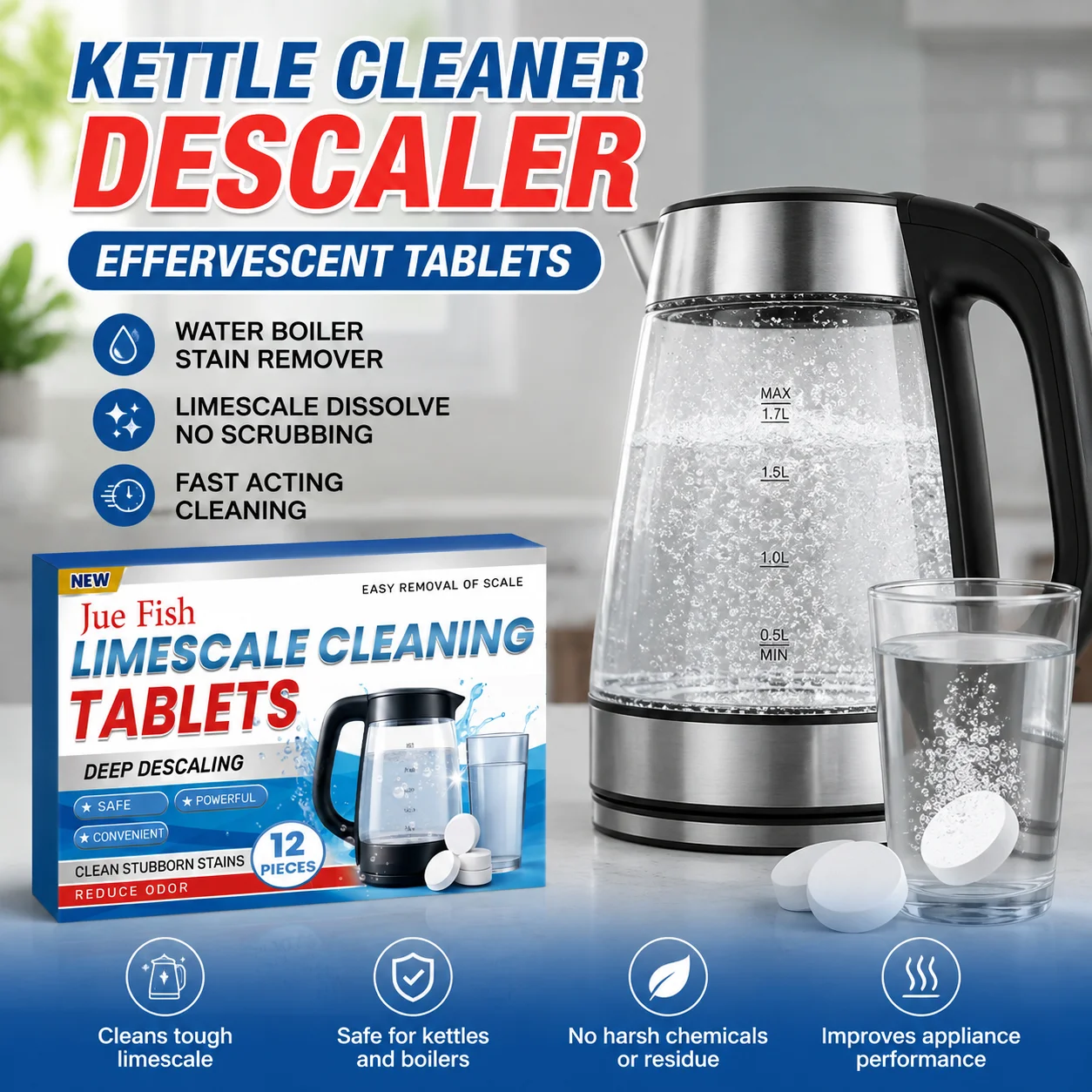 12 Pack Limescale Removal Tablets Citric Acid Descaler for Kettle &Coffee Machine Eco-Friendly Cleaning Tablets Odor Neutralizer
