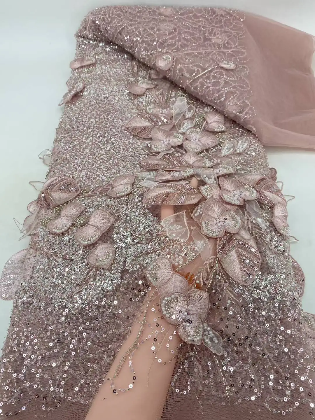 High Quality Elegant French Mesh Embroidery Tulle 3D Flower Fabric African Nigerian Lace Fabric for Wedding Party Dress -ST