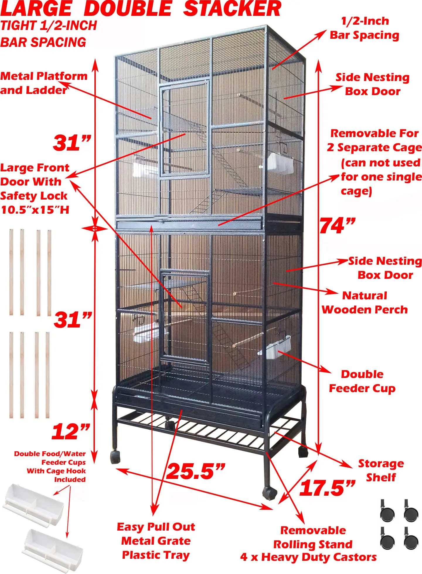 Large Double Durable Stacker Breeding Bird Flight Parrrot Separate Cages Side Nesting Box Doors Double Feeder Cup Easy