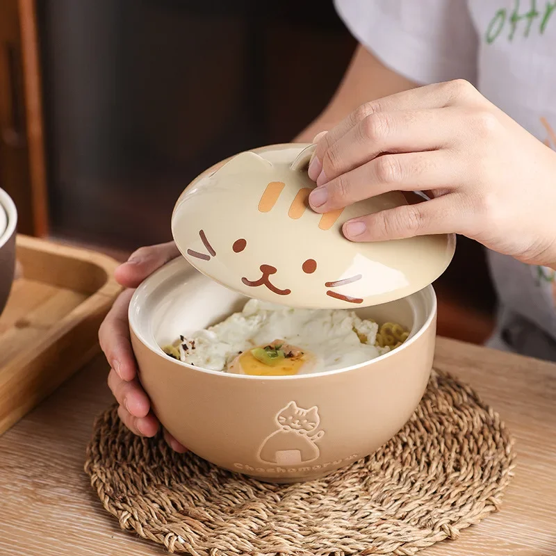 Tazón de Sopa  Cerámica Creativo Japonés con Tapa, Diseño  Animales de Dibujos Animados, Tazón Gatos, Tazón para Fideos