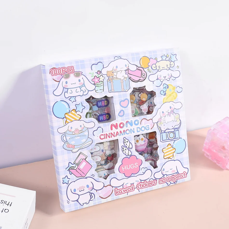 100Pcs Sanrio Kuromi Melody Cinnamoroll PET Transparent Waterproof Sticker Cartoon DIY Stationery Cup Hand Ledger Sticker Set