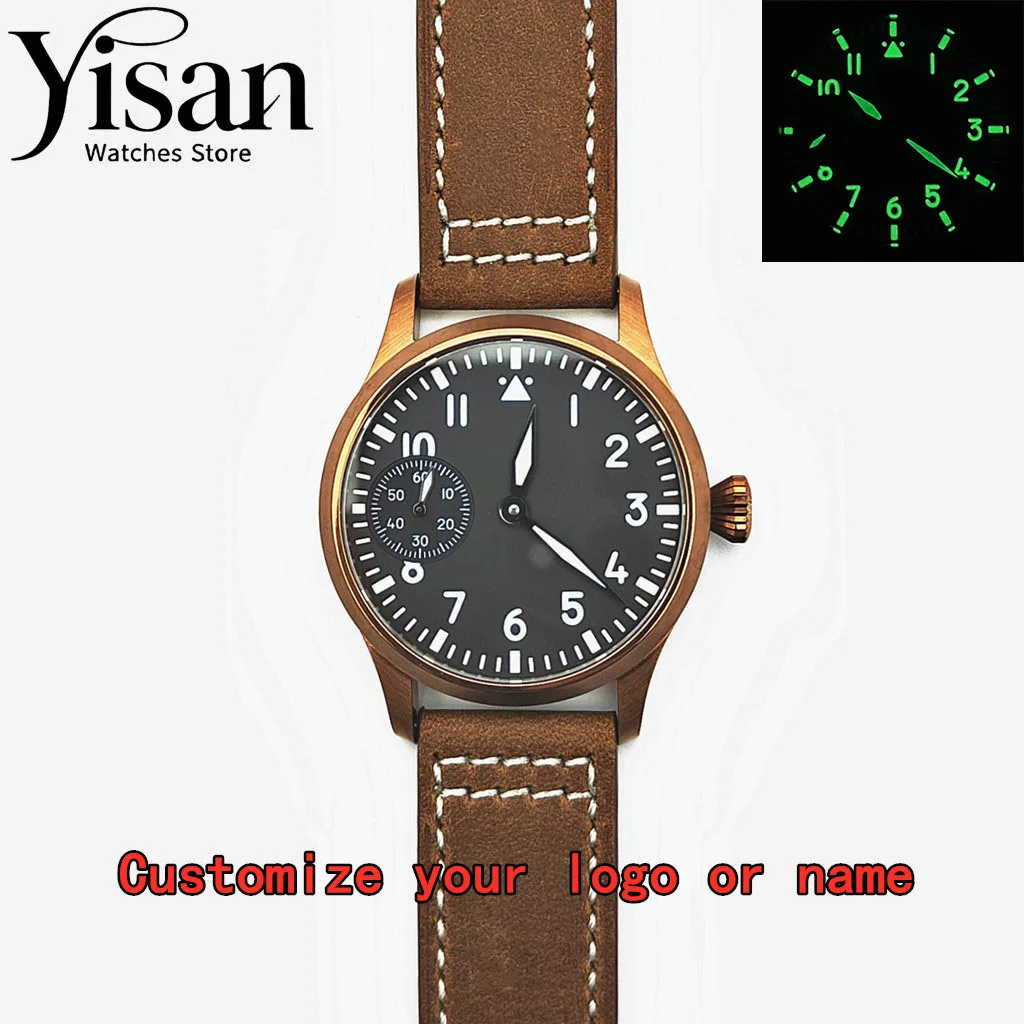 

42mm men's custom watch sapphire glass rose gold shell leather bracelet green luminous adaptation manual winding movement ST3600