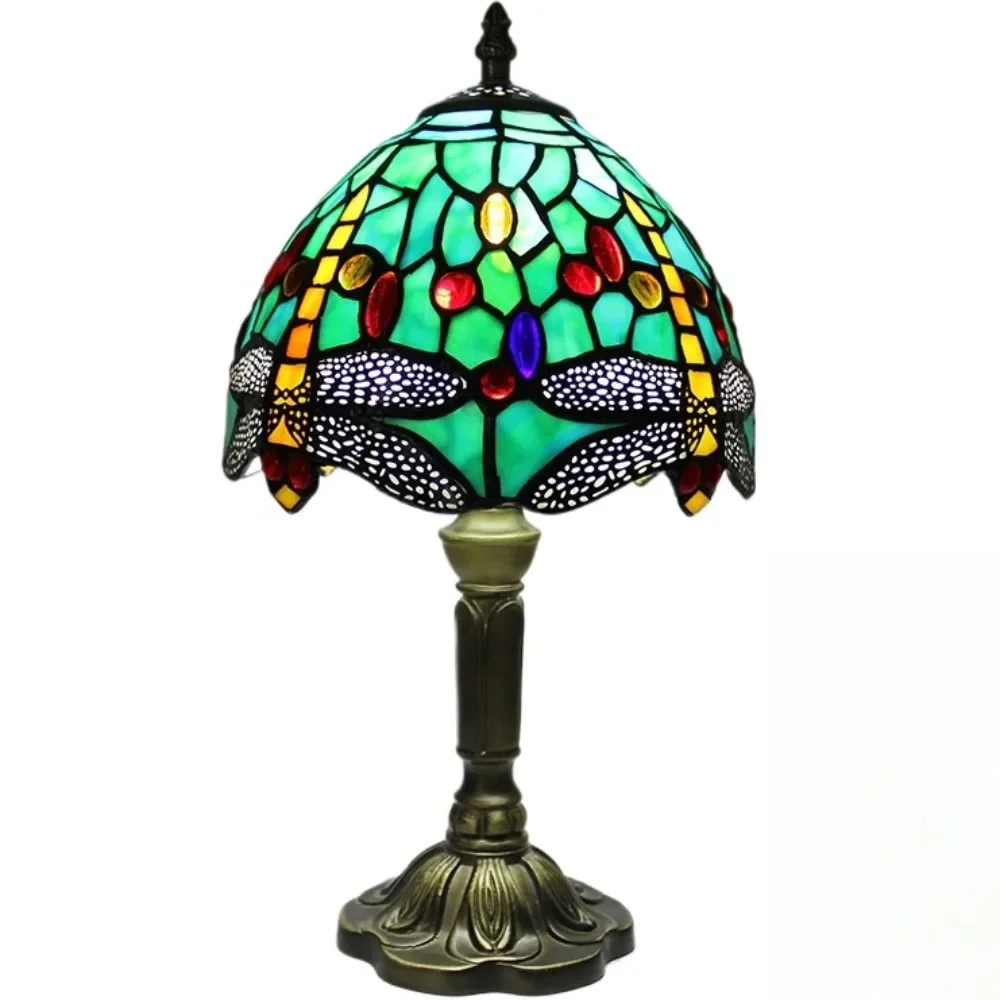 8inch Tiffany Lighting Modern Country Green Dragonfly Desk Lamp Stained Glass Shade Touch Resin Bedroom Bedside Room Use