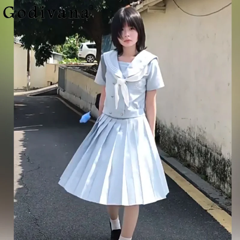 Summer New Versatile Age-reducing Jk Navy Collar Sets Fashion Short Sleeve Shirt Sweet Girls High Waist A-line Japanese Skirt
