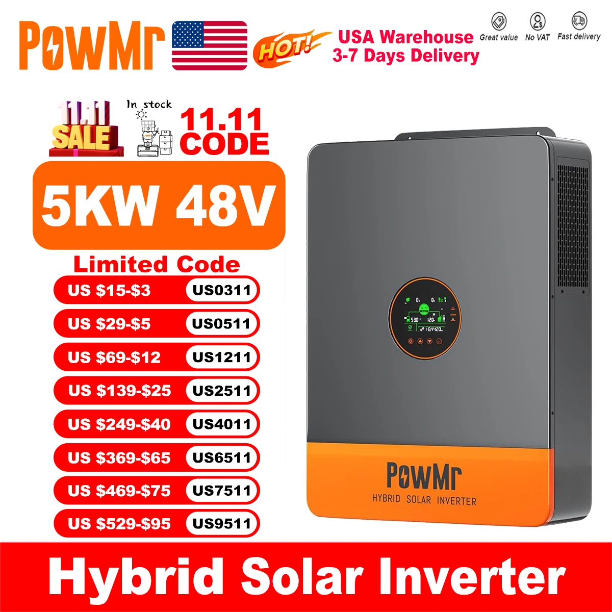 

PowMr США 5000 Вт 48 В 110 В переменного тока Гибридные солнечные инверторы может разделенная фаза 220 В переменного тока при параллельной чистой синусоидальной волне MPPT 100 А PV 500 В постоянного тока