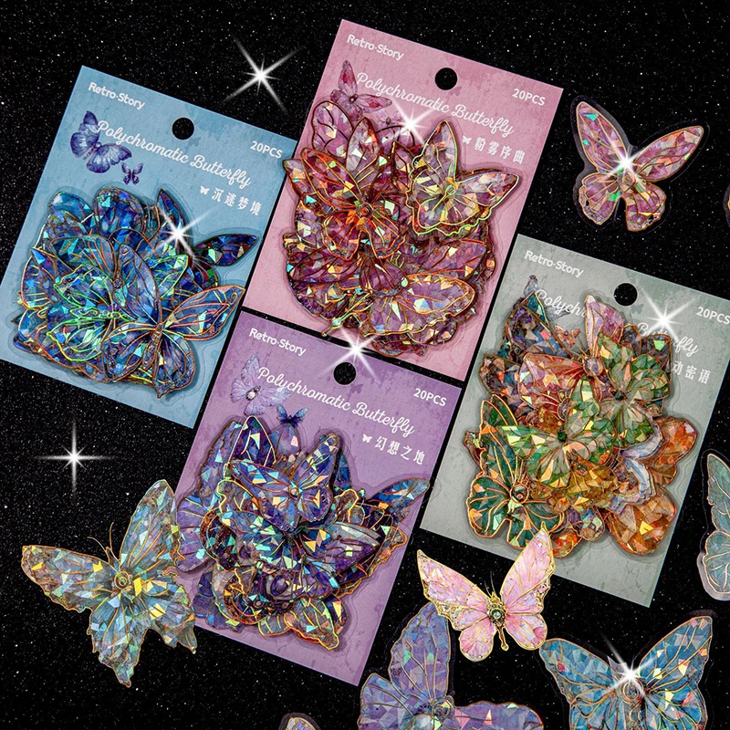 20Pcs Crystal Laser Butterfly Decal Waterproof PET Stickers For Scrapbooking DIY Decorative Collage Journaling Craft