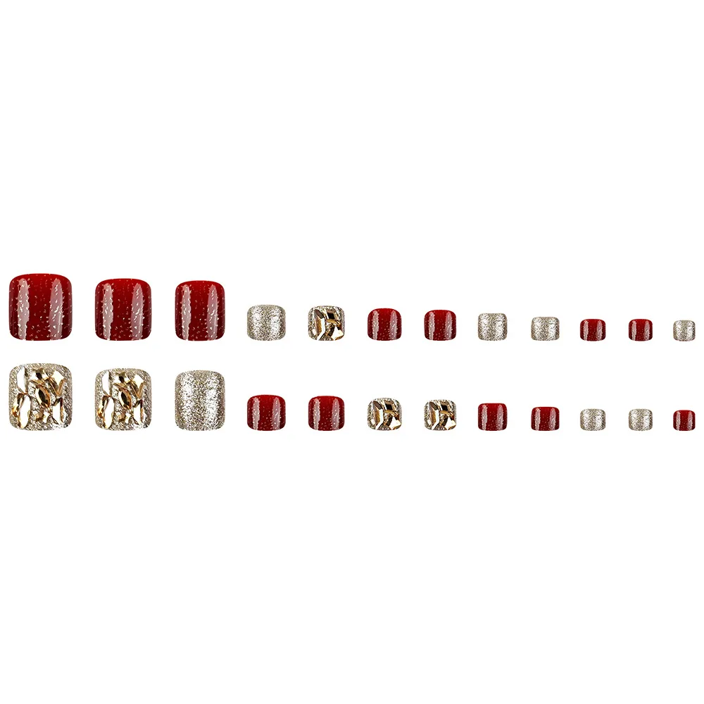 24 Stück superglänzende Zehennägel zum Aufdrücken mit Diamant-Design. Glänzende rote künstliche Zehennägel. Tragbare, abnehmbare künstliche Zehennägel für Frauen