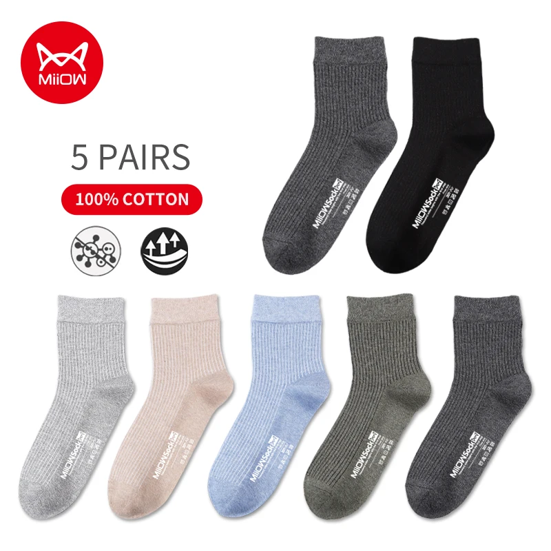 MiiOW 5 Pairs Black Business Men Socks Cotton New Style Casual Socks Man Soft Breathable Summer Winter Long Socks for Male Sock