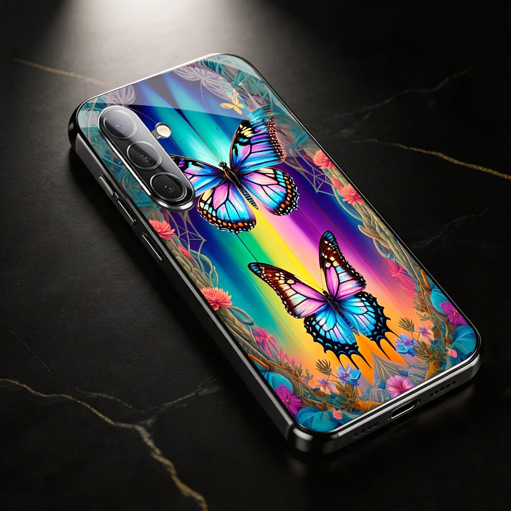 Colorful Twin Butterflies Black Tempered Glass TPU phone case for Samsung Galaxy S26/S25/S24/S23/S22/S21FE Ultra Plus Shockproof