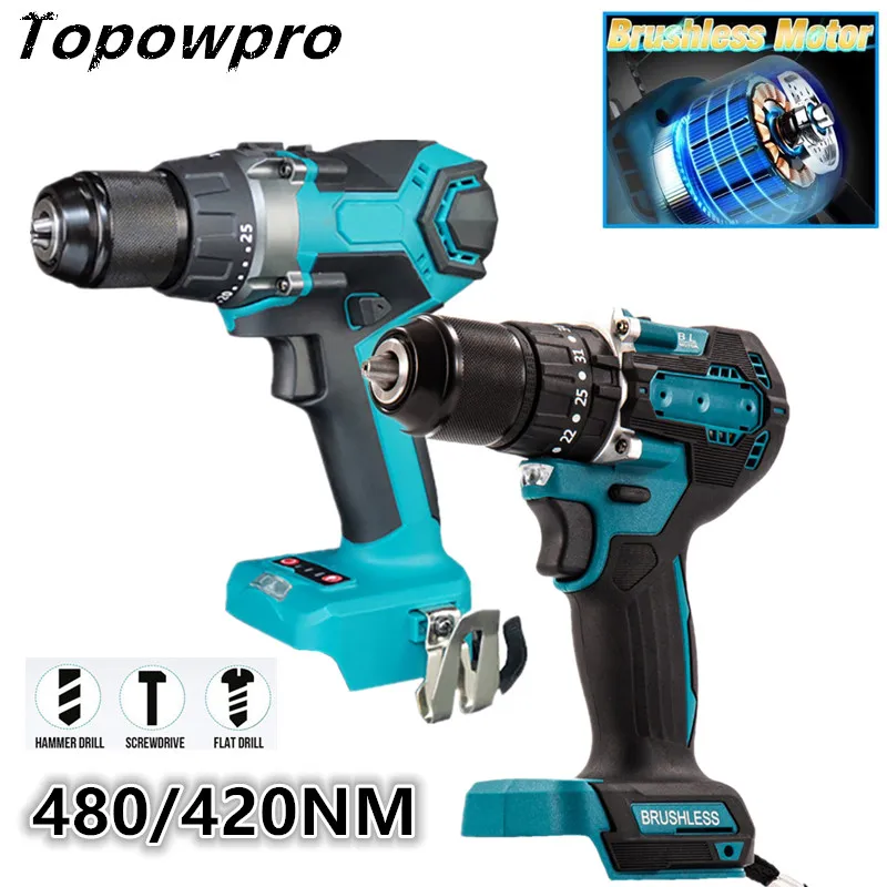 

420/480NM Electric Hammer Impact Drill 13mm Chuck Brushless Multifunctional Cordless For Makita 18V Battery Power Tool