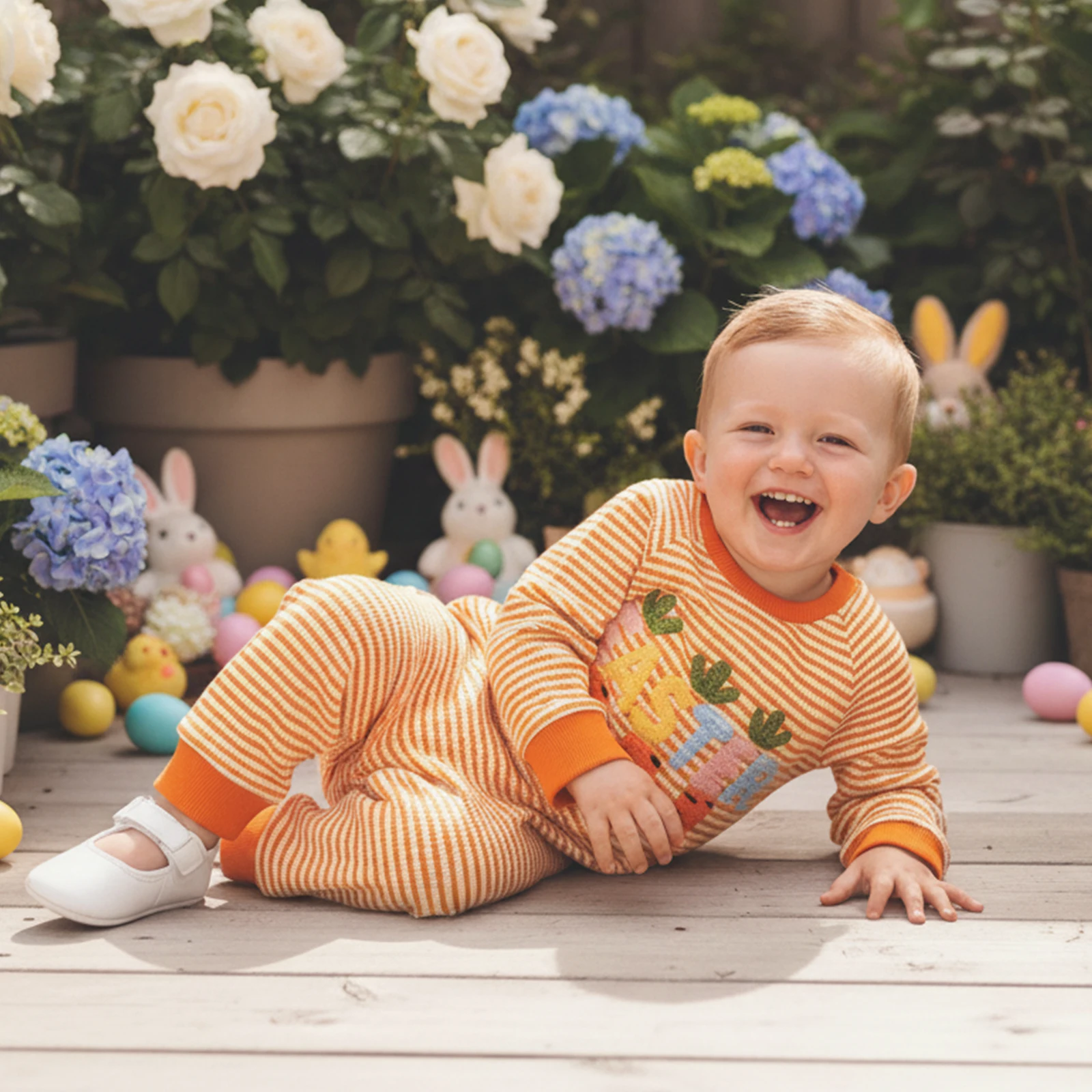 

Пасхальный комбинезон для маленьких девочек, полосатый комбинезон с длинными рукавами и кроликом, милая летняя весенне-осенняя одежда