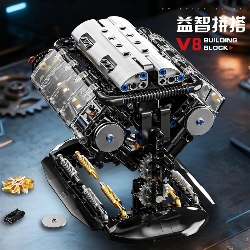 Mini V8 Engine Model Building Blocks Assembly Desktop Home Office Realistic Display For Boys Teens Birthday Christmas Gift