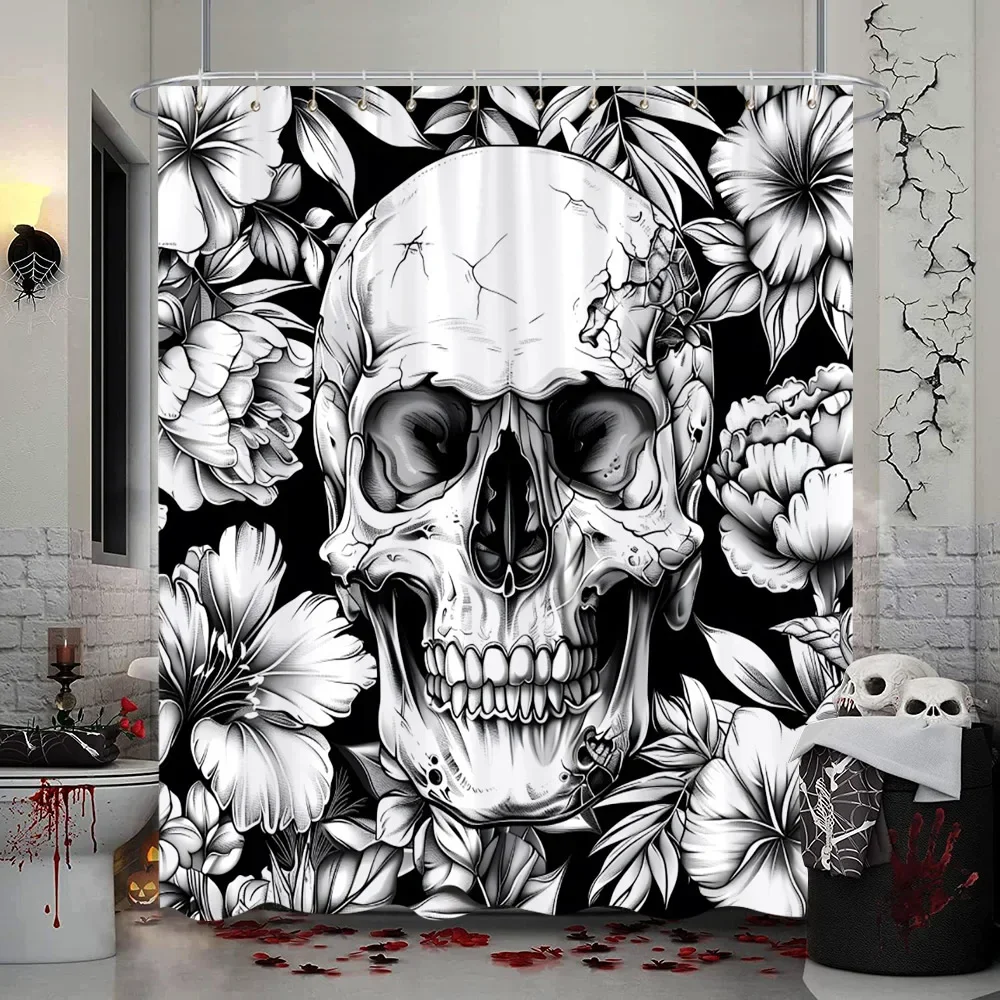 Scary Halloween Skull Flower Shower Curtain Black Raven Snake Red Rose Polyester Fabric Shower Curtain Bathroom Decor With Hooks