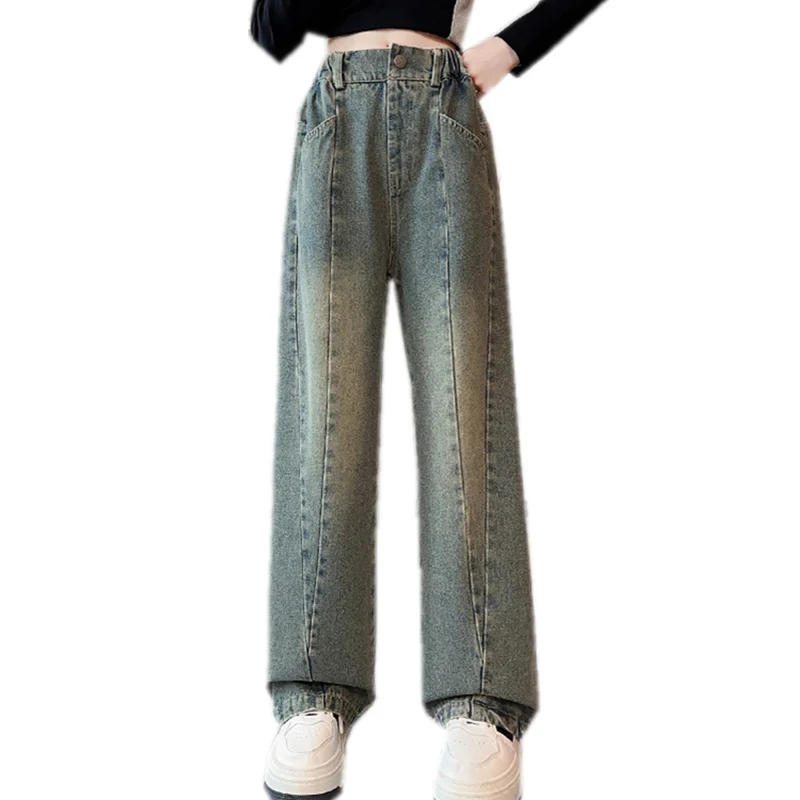 Girls Spring Hot Sale Vintage Blue Jeans For Teenage Kids Wide Leg Pants For Children Casual Denim Trousers 5 6 8 10 12 14 Years