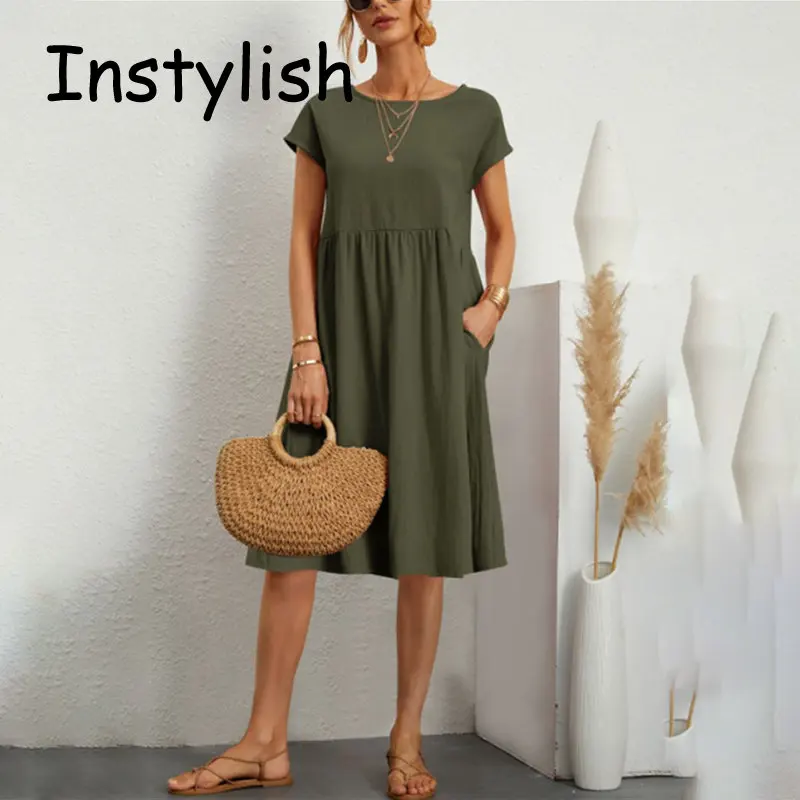 

Women Casual Short Sleeve O Neck Cotton Linen Dress Vintage Harajuku Loose Knee Length Dress Elegant Summer Sundress Y2K