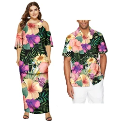 Hawaiian Island Floral Printed Couple Matching Outfits Plus Size Custom Aloha Shirts And Puletasi Dress His And Hers Clothes