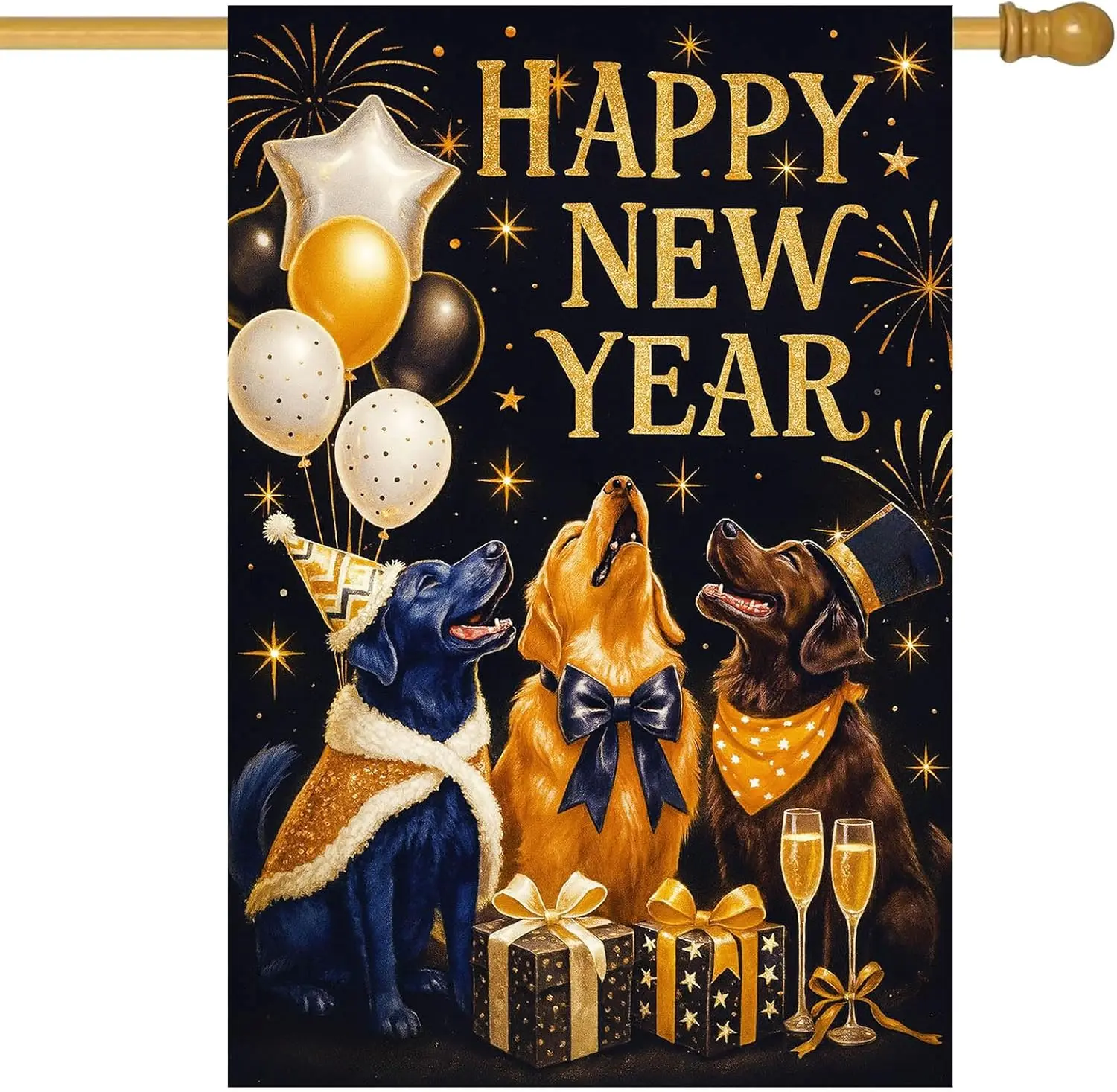 Happy New Year House Flag 28x40 Inch Double Sided Garden Flag Dogs Balloons Champagne and Gift Design Winter Holiday Yard Ba uui