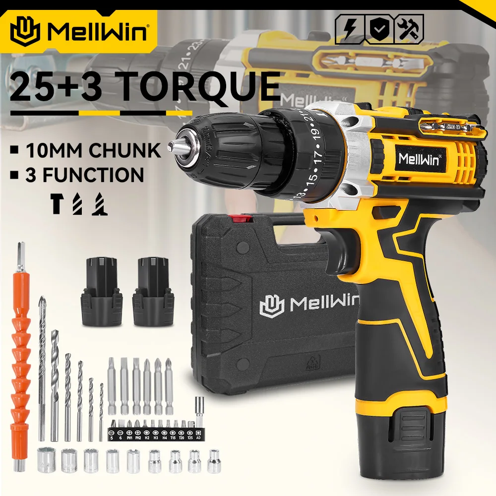MELLWIN 25 + 3 Coppia Trapano Elettrico 12V Trapano A Batteria Cacciavite Elettrico Due Marce di Velocità Regolabile Mini Wireless Power Driver