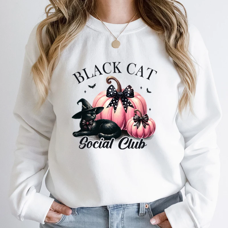 Women Fashion Creative Halloween Pumpkin Black Cat Social Club Print Pullover Long Sleeve Graphic Plus Size Hoodeless Sweatshirt