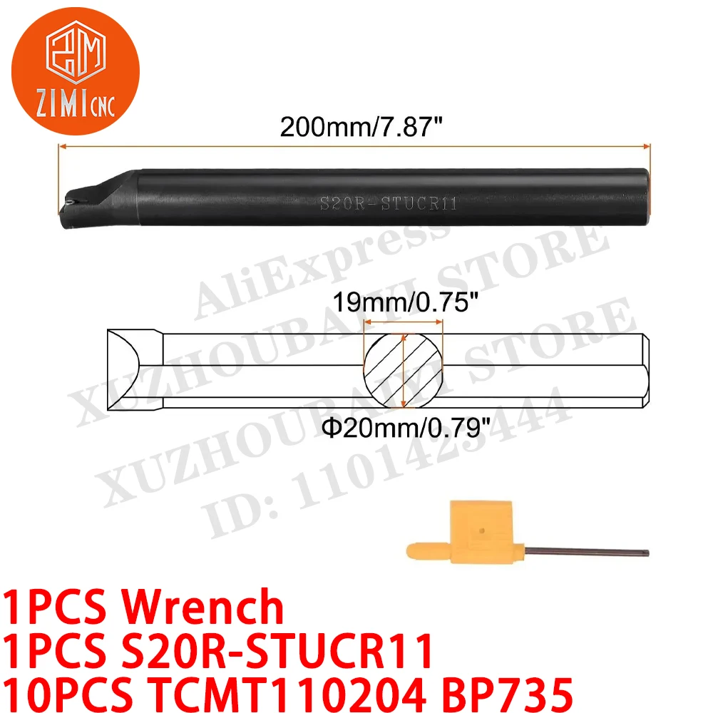 1PC S20R-STUCR11 95° Internal Turning Tool Holder Boring Bar + 10PC TCMT110204 Carbide Inserts CNC metal mechanical cutting tool