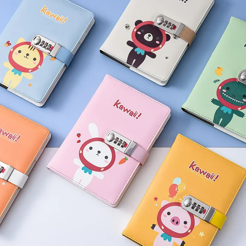 cute cartoon password notebook para crianca diario pessoal codigo de bloqueio notepad grosso couro pu escritorio material escolar presente a5 01