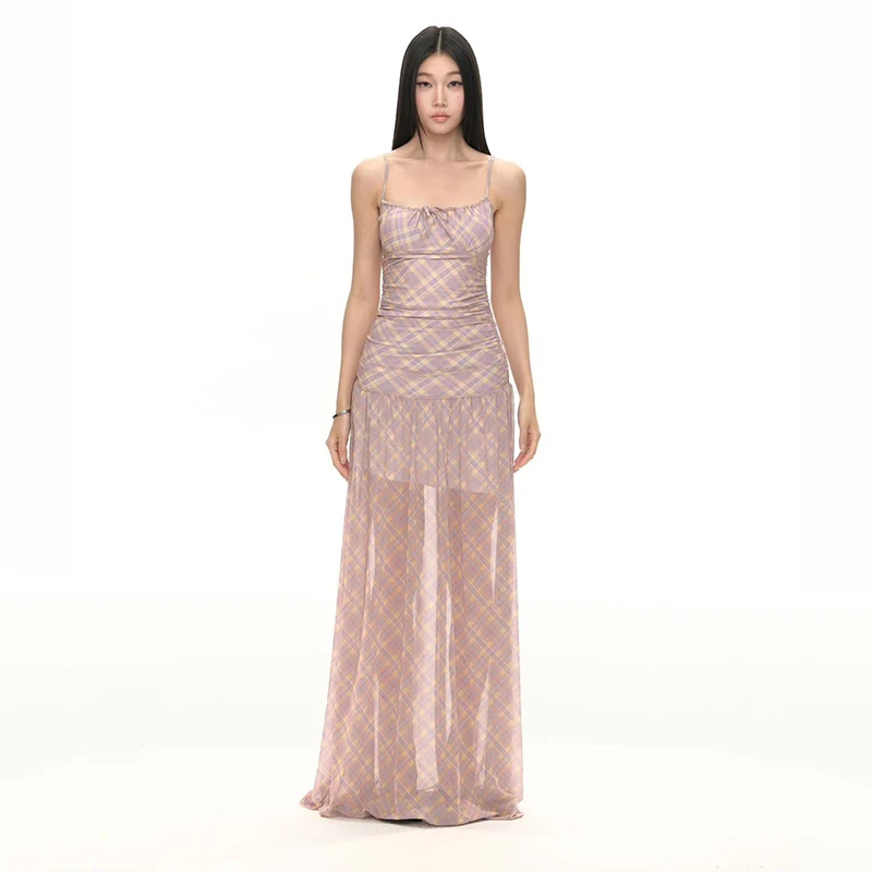 레트로 체크 무늬 캐미솔 미디 드레스 여성 여름 섹시 스파게티 스트랩 백리스 드레스 프랑스 우아한 슬림 파티 나이트 베스티도스 무헤르