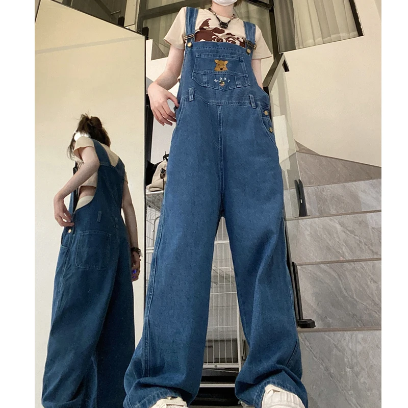 Kombinezon Oversize kobiety śliczny Winnie The puch haft Vintage luźna, wysoka talia, moda uliczna Jeans kombinezon