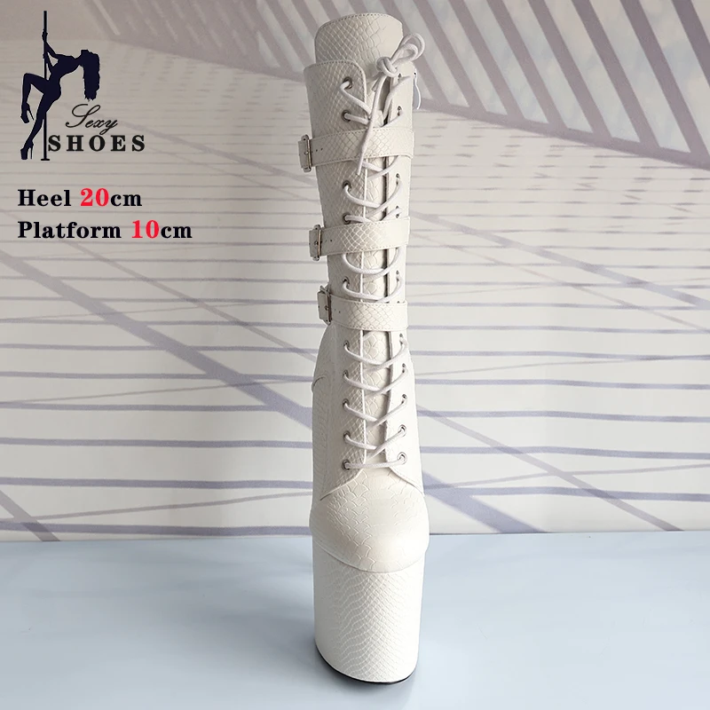 Modello pitone 20cm tacchi alti sottili stivaletti con plateau bianco spogliarellista cintura gotica fibbia Pole Dance tacchi scarpe da festa da