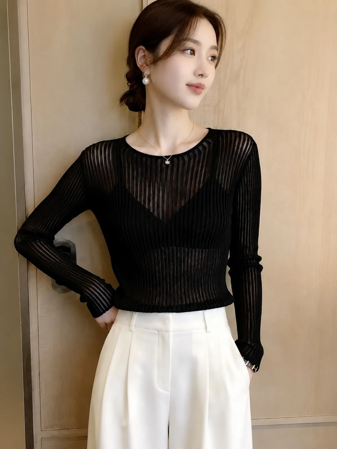Simple Knitted Long Sleeve Slim Fit Pure Color Sweater Autumn 2026 Commute Style Korean Version Soft Fabric Versatile Top