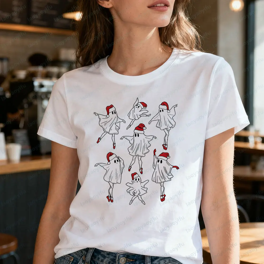 

Cute Ballet Ghost Shirt Xmas Ballet Dancer Sweatshirt Christmas Dance Teacher Tshirt Funny Christmas Dancer T-Shirt Women Tops