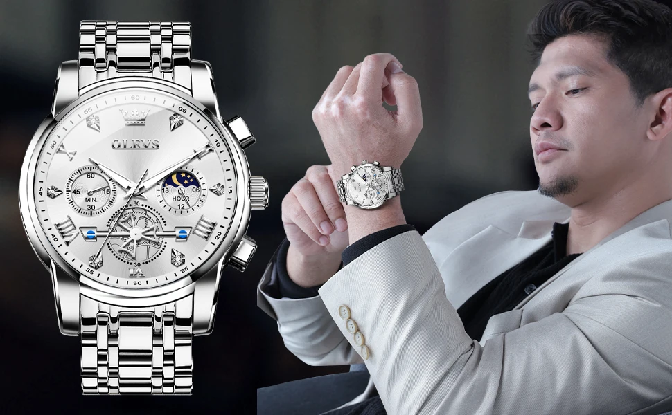 OLEVS 2856 Quartz Watch for Men Flywheel Skeleton Chronograph Moon Phase Multifunctional Stainless Steel Men's Wristwatches