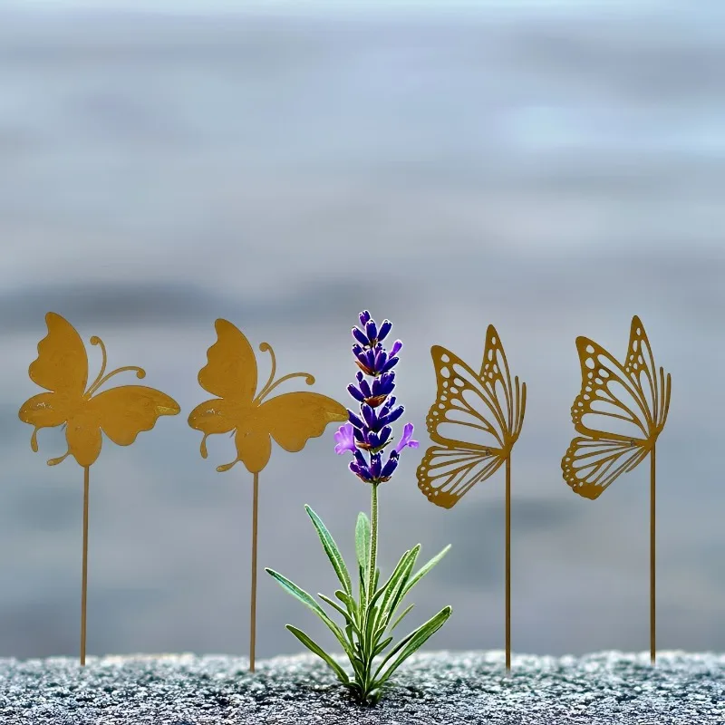 4Pcs Rustic Iron Garden Stakes with Handmade Butterfly Decorations - Durable Metal Outdoor Yard Art for Planters, Planters' Beds, and Vases - Seasonal Holiday Decorations - Easy to Install
